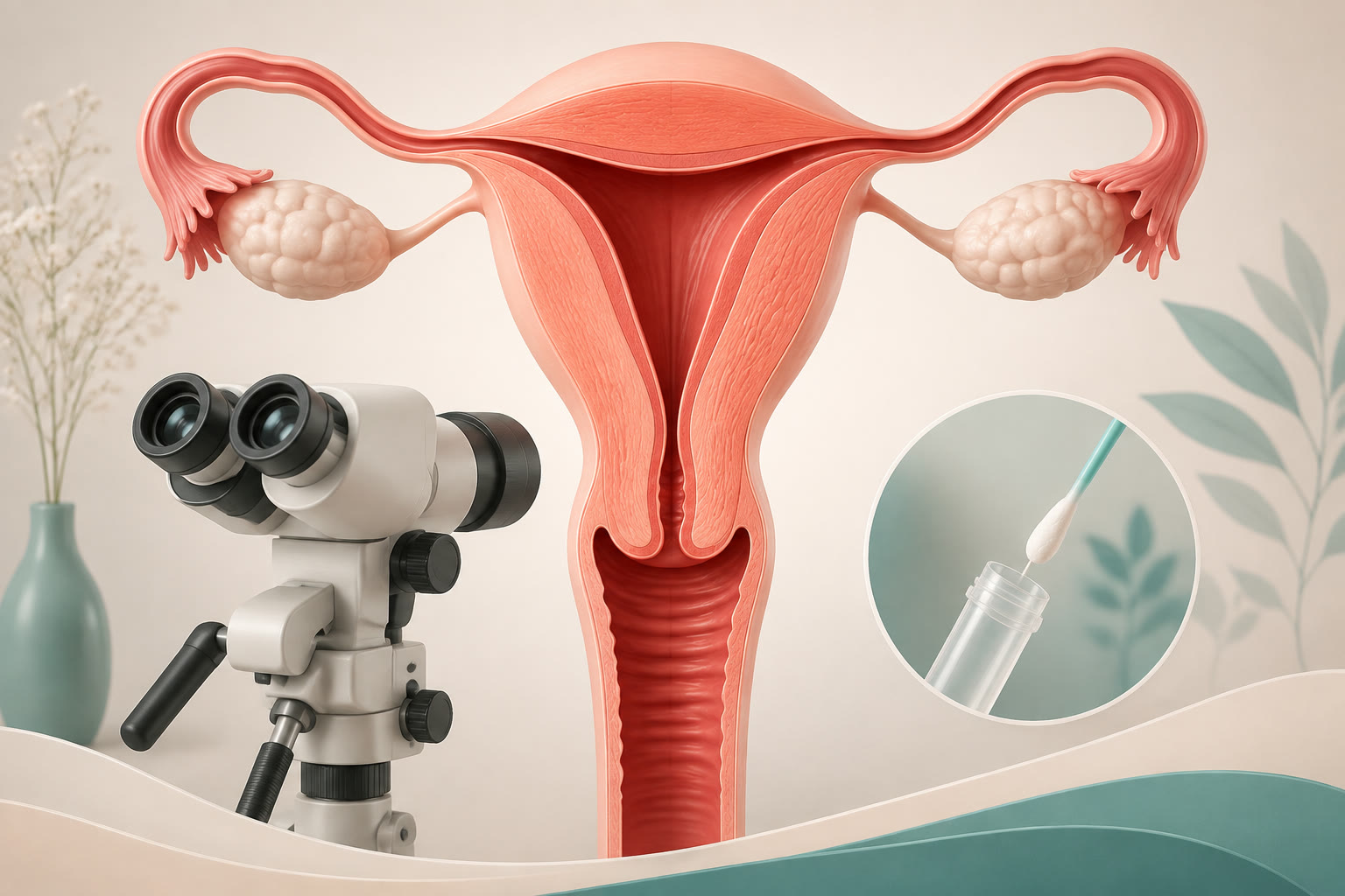Ilustración médica de útero, cérvix, colposcopio y toma de muestra para detección de VPH